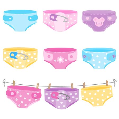 Baby diapers in blue, yellow, purple and pink colors. Vector collectionのイラスト素材