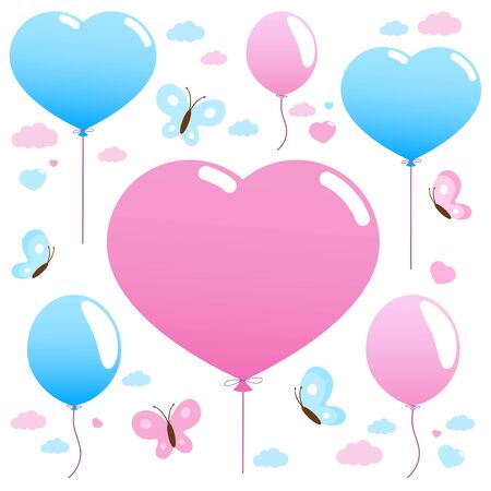 Pink and blue balloons and butterflies flying in the sky. Vector Illustrationのイラスト素材