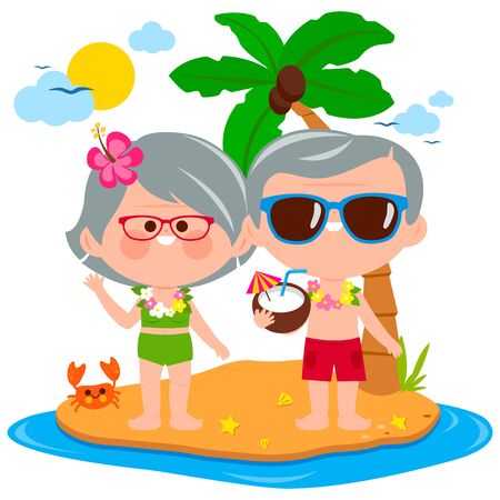 Elderly couple at a tropical beach on an island. Vector illustrationのイラスト素材