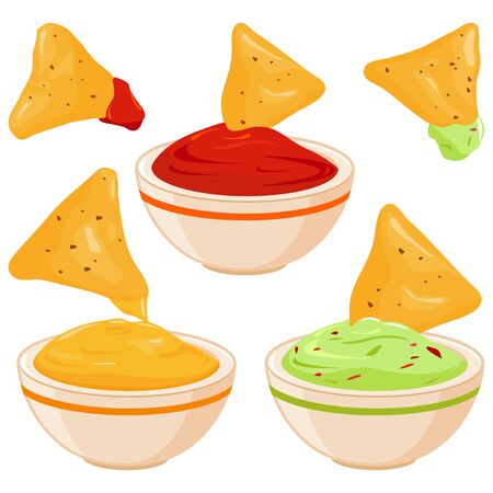 Bowls of avocado guacamole dip, tomato salsa, cheese sauce and nachos chips.のイラスト素材