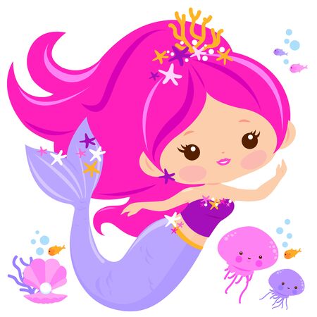 Beautiful mermaid and sea animals. Vector illustrationのイラスト素材