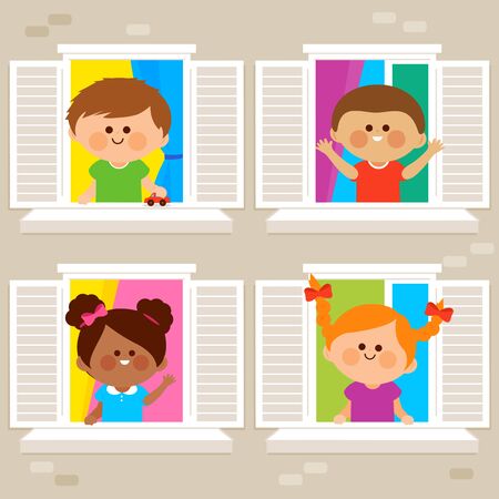 Children in their homes at an apartment building looking out of windows. Vector illustrationのイラスト素材