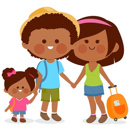 African American family. Tourist couple with a small child, carrying travel bags. Vector illustrationのイラスト素材