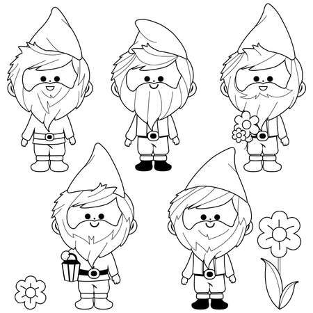 Garden gnomes collection. Vector black and white coloring book pageのイラスト素材