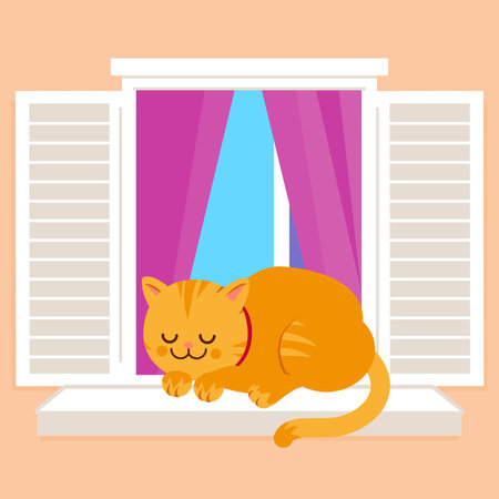 Cat sleeping on a window sill. Vector illustrationのイラスト素材