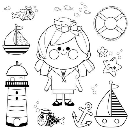 Sailor girl nautical set. Vector black and white coloring pageのイラスト素材