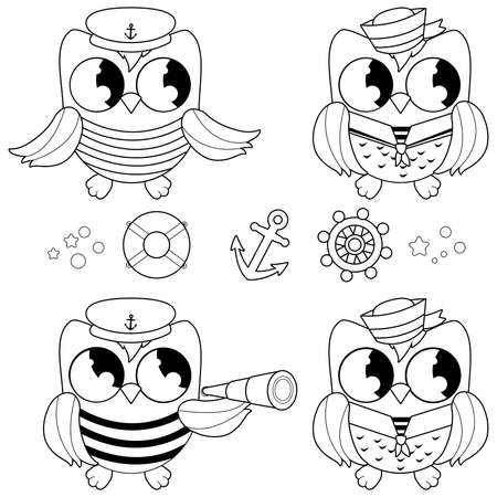 Sailor owls marine nautical set. Vector black and white coloring pageのイラスト素材