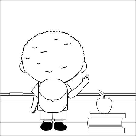 Student in the classroom writing on a blackboard. Vector black and white coloring page.のイラスト素材