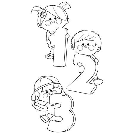 Children holding cartoon numbers. Vector black and white coloring pageのイラスト素材