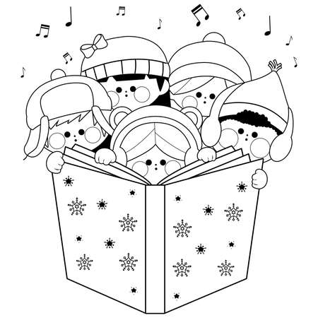Group of children singing Christmas carols. Vector black and white coloring page.のイラスト素材