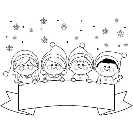 Children in Christmas costumes and blank banner. Vector black and white coloring page.のイラスト素材