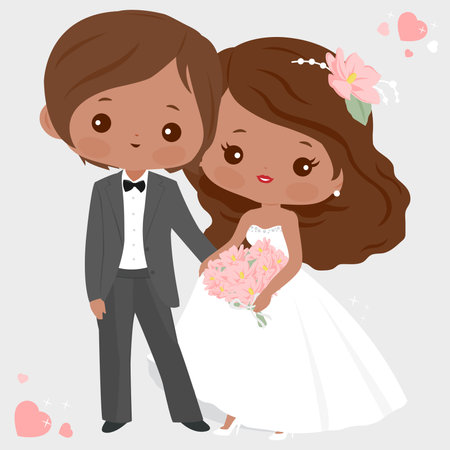 Vector Illustration of a happy black wedding couple, a beautiful bride and a handsome groom.のイラスト素材