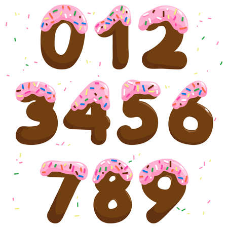 Chocolate numbers with pink frosting and colorful sprinkles. Vector illustrationのイラスト素材