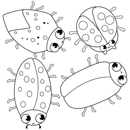 Set of cute bugs and beetles. Vector black and white coloring page.のイラスト素材