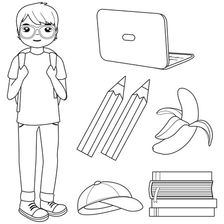 Student boy and set of school objects. Vector black and white coloring pageのイラスト素材
