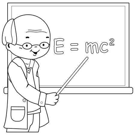 Science teacher teaching in the classroom. Vector black and white coloring pageのイラスト素材