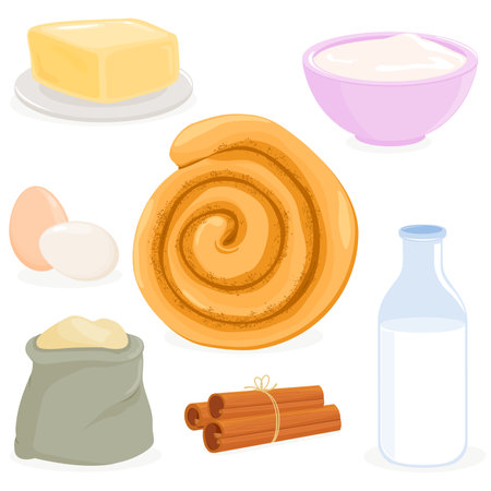 Cinnamon rolls recipe. Ingredients for cinnamon buns. Vector illustration.のイラスト素材