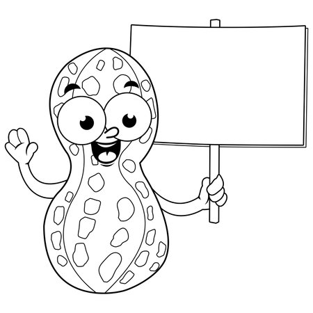 Cartoon peanut holding a blank sign. Vector black and white coloring page.のイラスト素材