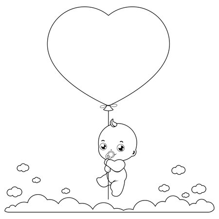 A cute newborn baby in the sky holding a heart shaped balloon. Vector black and white coloring pageのイラスト素材