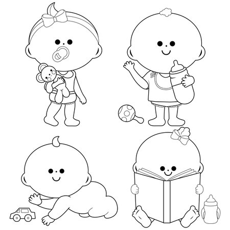 Cute baby girls and boys. Vector black and white coloring page.のイラスト素材