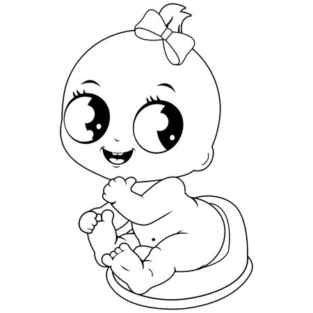 Baby girl using the potty. Vector black and white coloring pageのイラスト素材