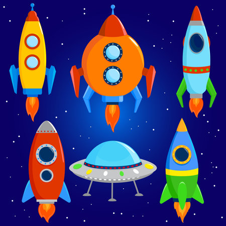 Set of space ships and UFOs. Space rocket launch. Vector illustration.のイラスト素材