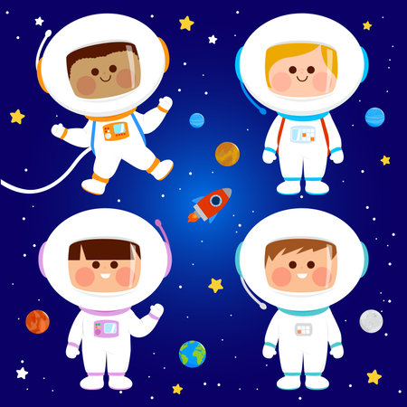 Astronaut children in space. Girls and boys in astronaut costumes. Vector illustrationのイラスト素材