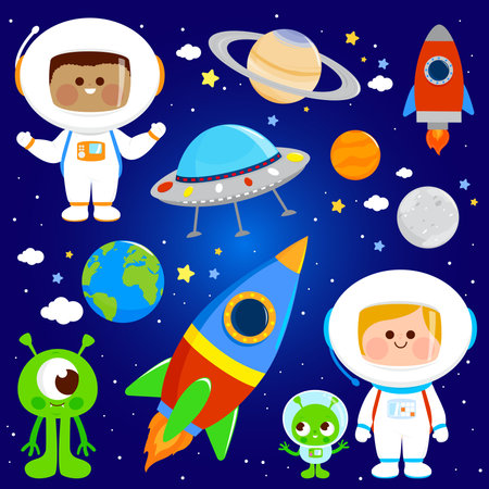 Astronaut children and aliens in space. Girls and boys in astronaut suits, space ships and UFO. Vector illustration setのイラスト素材