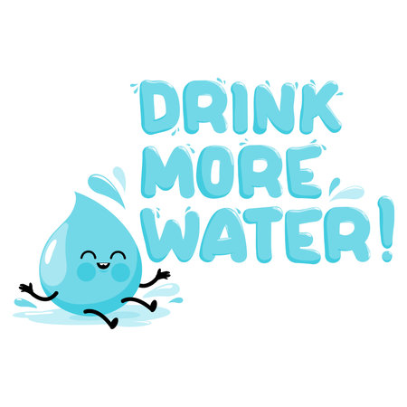 Drink more water handwritten lettering quote and cute water drop character. Typography slogan. Hand sketched phrase. Vector Illustrationのイラスト素材