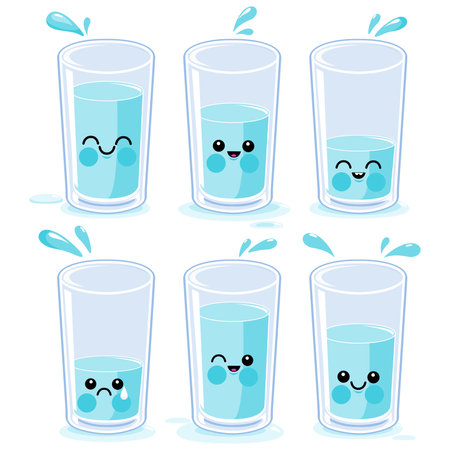Collection of half full and half empty cartoon glasses of water characters. Vector Illustration setのイラスト素材