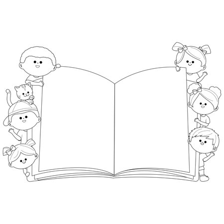 Open book with children. Vector black and white coloring page.のイラスト素材