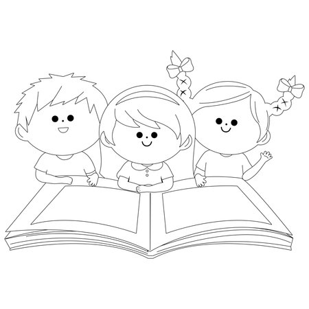 Children reading a book. Vector black and white coloring page.のイラスト素材