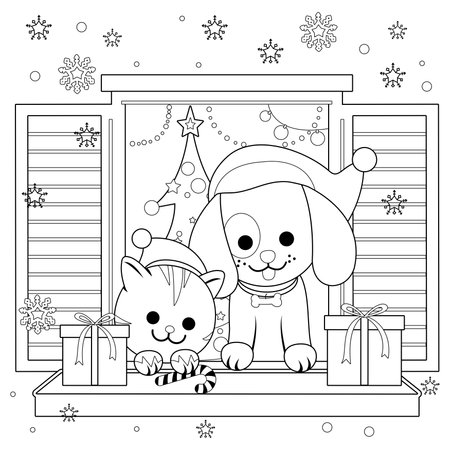 Cat and dog sitting on a window sill at Christmas. Vector black and white coloring page.のイラスト素材