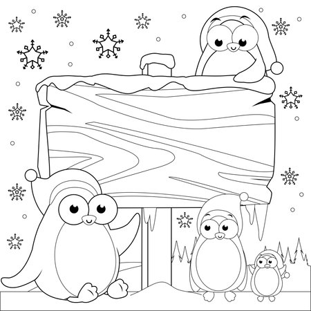 Christmas winter landscape with cute penguins and blank wooden sign. Vector black and white coloring page.のイラスト素材