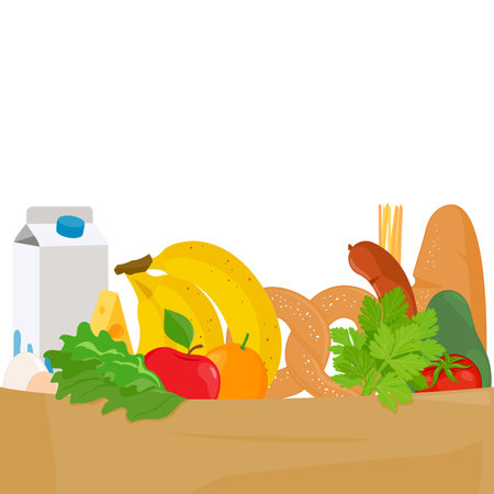 Paper bag with groceries. Banner template with copy space. Food in a shopping bag. Vector illustration background.のイラスト素材