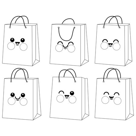 Cute shopping bag characters. Happy shopping bags for gifts. Vector black and white coloring page.のイラスト素材