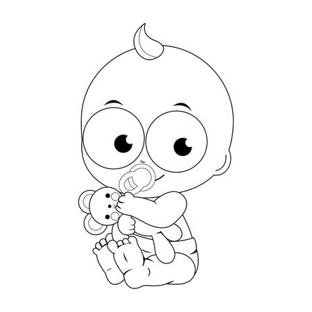 Cute baby playing with a teddy bear. Little baby boy with big toy. Child holding teddy bear. Vector black and white coloring page.のイラスト素材