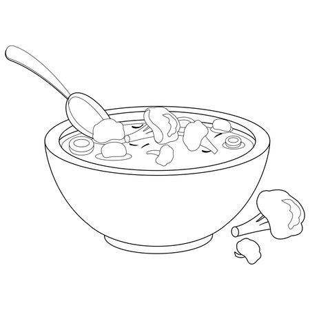 Bowl of soup. Homemade soup with vegetables, carrot and broccoli soup with spoon. Vector black and white coloring page.のイラスト素材