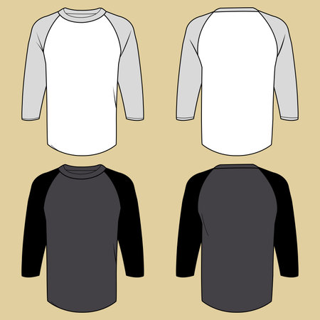 Jersey classic baseball style 3-4 sleeve length shirt sweater template, black and white for men and women. CAD mock-up set templates for unisex apparel, front and back view.のイラスト素材