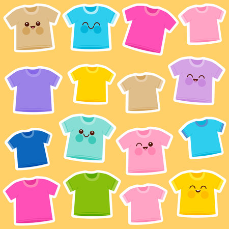 Cute t shirt stickers. Collection of happy T shirt characters of different colors. Colorful emoji t-shirt cartoons for sticker set. Vector illustrationのイラスト素材