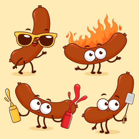 Funny cartoon sausage characters. Burning hot-dog with bottles of ketchup and mustard. Grilled roasting barbecue fast food sausage with spatula. Vector illustrationのイラスト素材