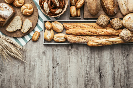 Freshly baked delicious bread on a rustic wooden worktop with copy space, healthy eating concept,...