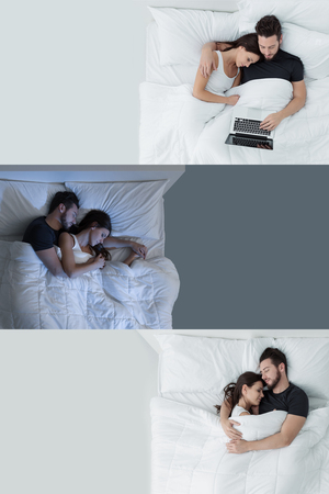 Loving couple sleeping and connecting with a laptop in the bedroom, lifestyle concept, banner set with copy spaceの写真素材