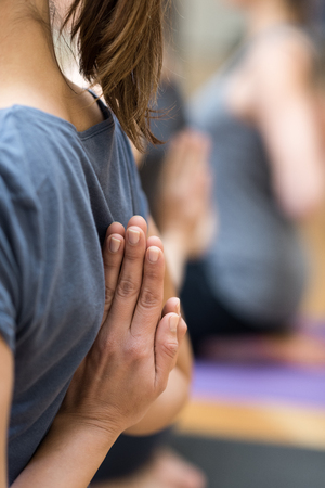 Young women practicing yoga together, they are doing the reverse prayer pose and clasping their hands behind their backの写真素材