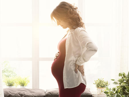 Young happy pregnant mother posing next to a window at home and touching her bellyの写真素材