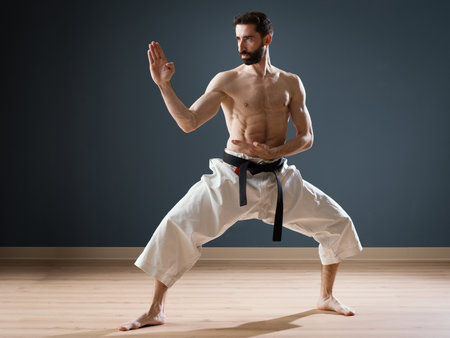 A Sensei instructor trains alone in his dojoの写真素材