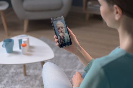 Woman having a video call with her doctor, online medicine and telehealth conceptの写真素材