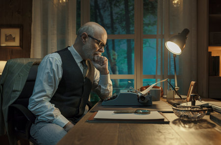 Professional vintage style writer sitting at desk and checking his work, he is thinking with hand on...