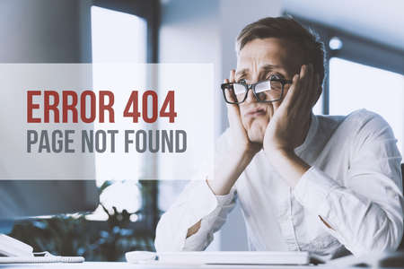Exhausted office worker and 404 error message, job burnout and stress conceptの写真素材