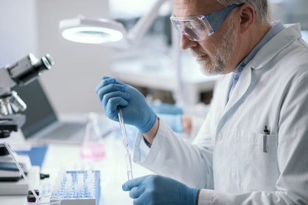 Professional medical researcher working in the laboratory, he is examining samples